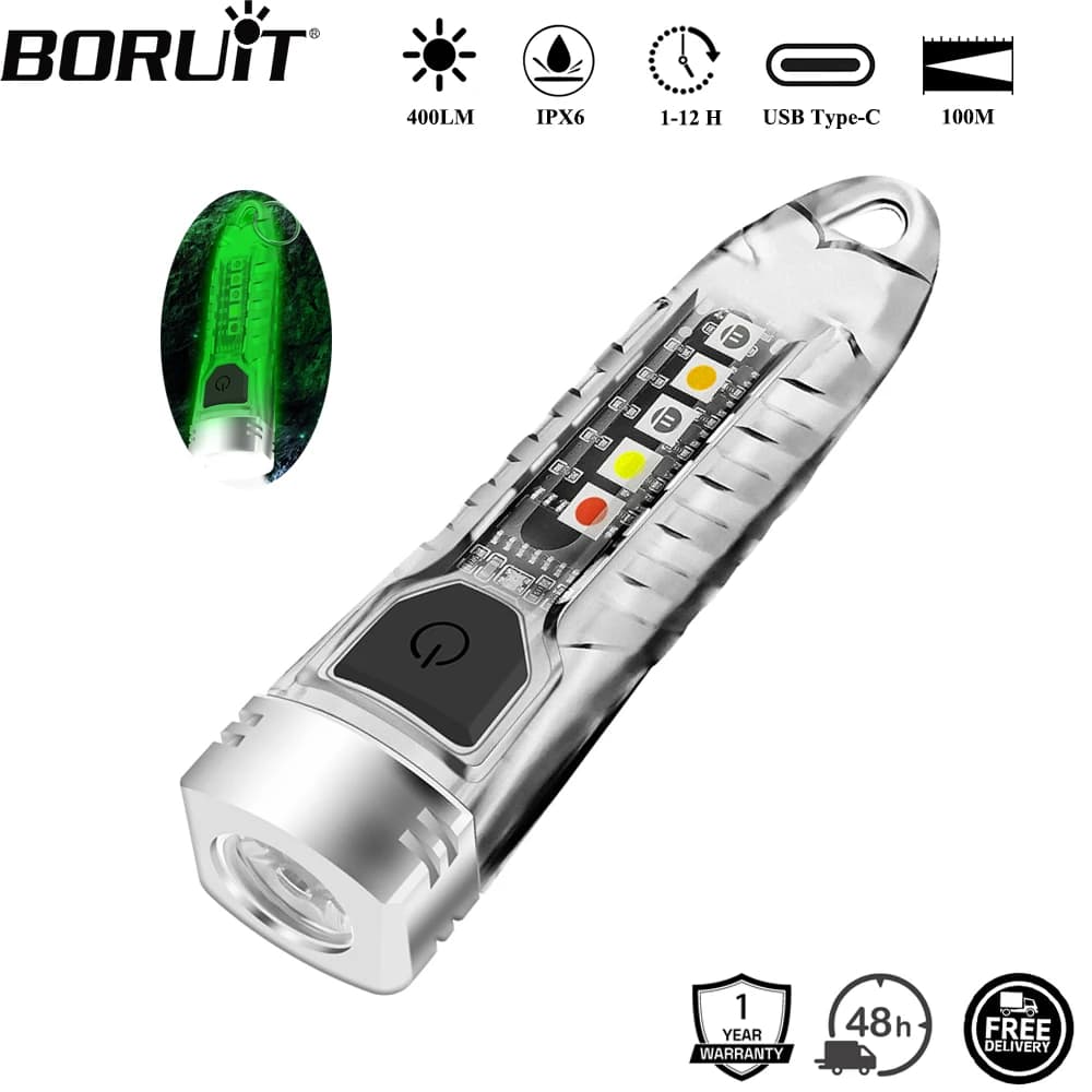 BORUiT V1 400LM UV Keychain LED Flashlight EDC Rechargeable Waterproof Fluorescent Work Light Camping Pocket Torch Lantern