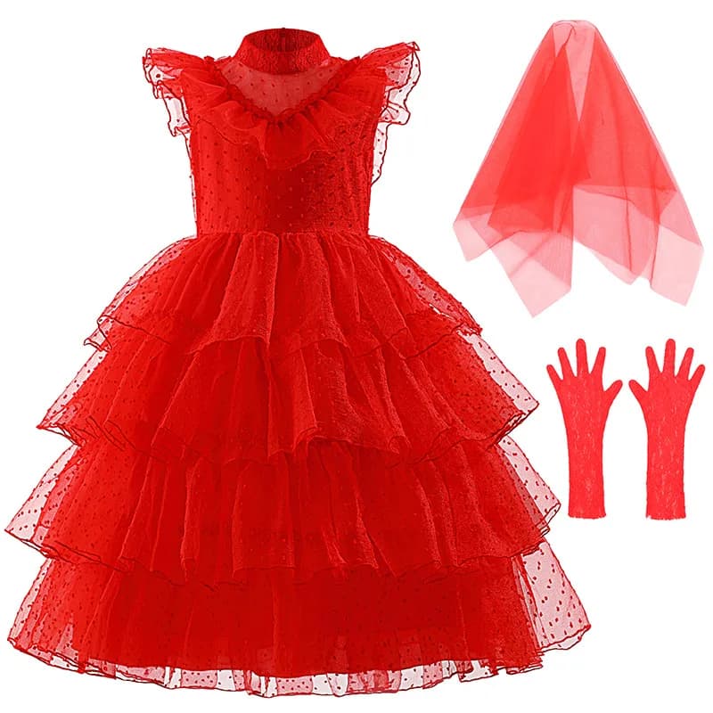 3 4 5 6 8 10 12 Years New Cosplay Girls Dress Summer Sleeveless Little Princess Dress + Veils + Gloves 3Pcs Halloween Costume
