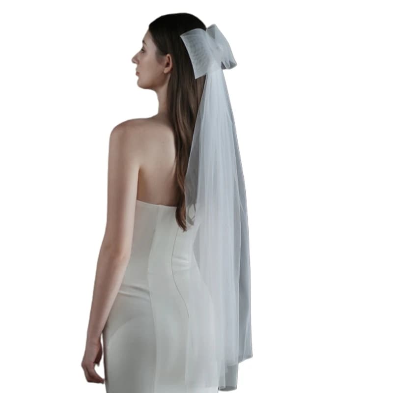 Wedding Bridal Veil Big Bow Decor Ivory White Short Sheer Veils 2 Tiers
