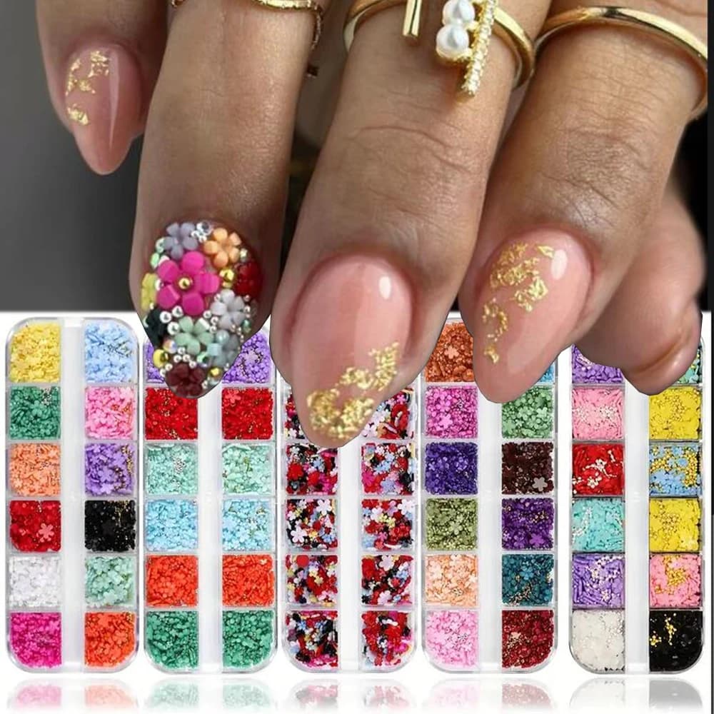 6Grids Y2K Acrylic Flower 3D Nail Art Charms 3D Mix Resin Flower Rhinestone Jewelry Golden Beads Caviar Pearl Accessory Manicure