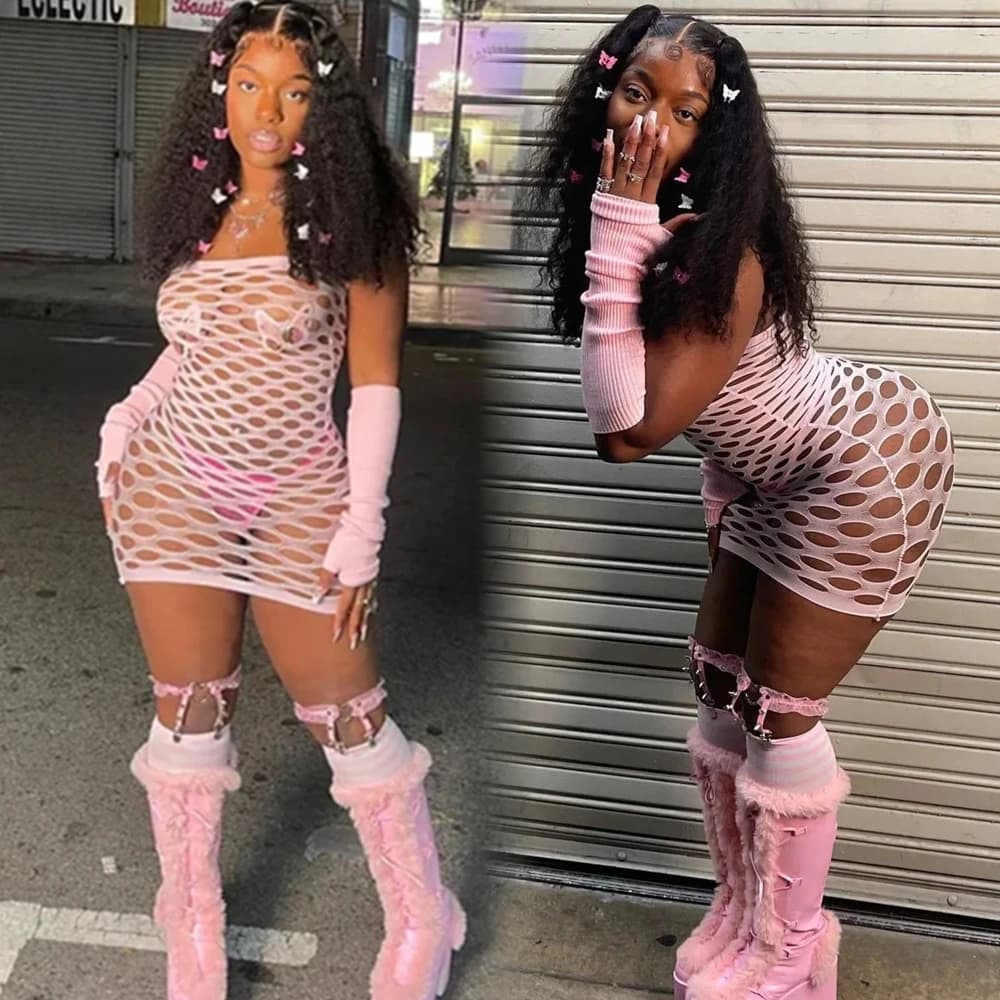 2024 New Mesh Hollow Out Women's Mini Dress Sexy Club Party Bodycon Fashion Evening Dresses Elegant Clothes Pink Luxury Dresses