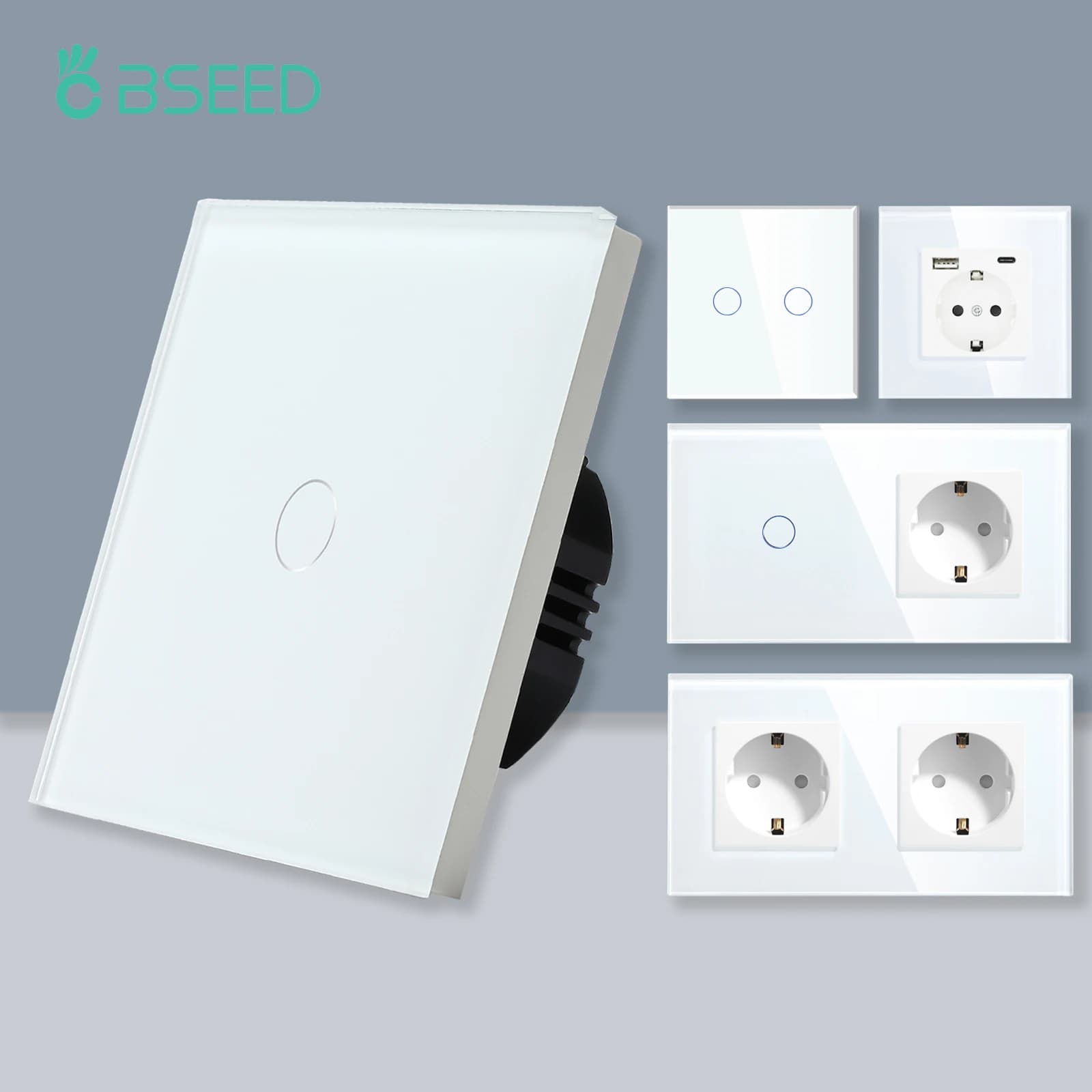 BSEED 1/2/3Gang Touch Light Switch 1Way Simple Sensor Switch Type-c USB Sockets EU Standard Glass Panel Blue Backlight 10A White