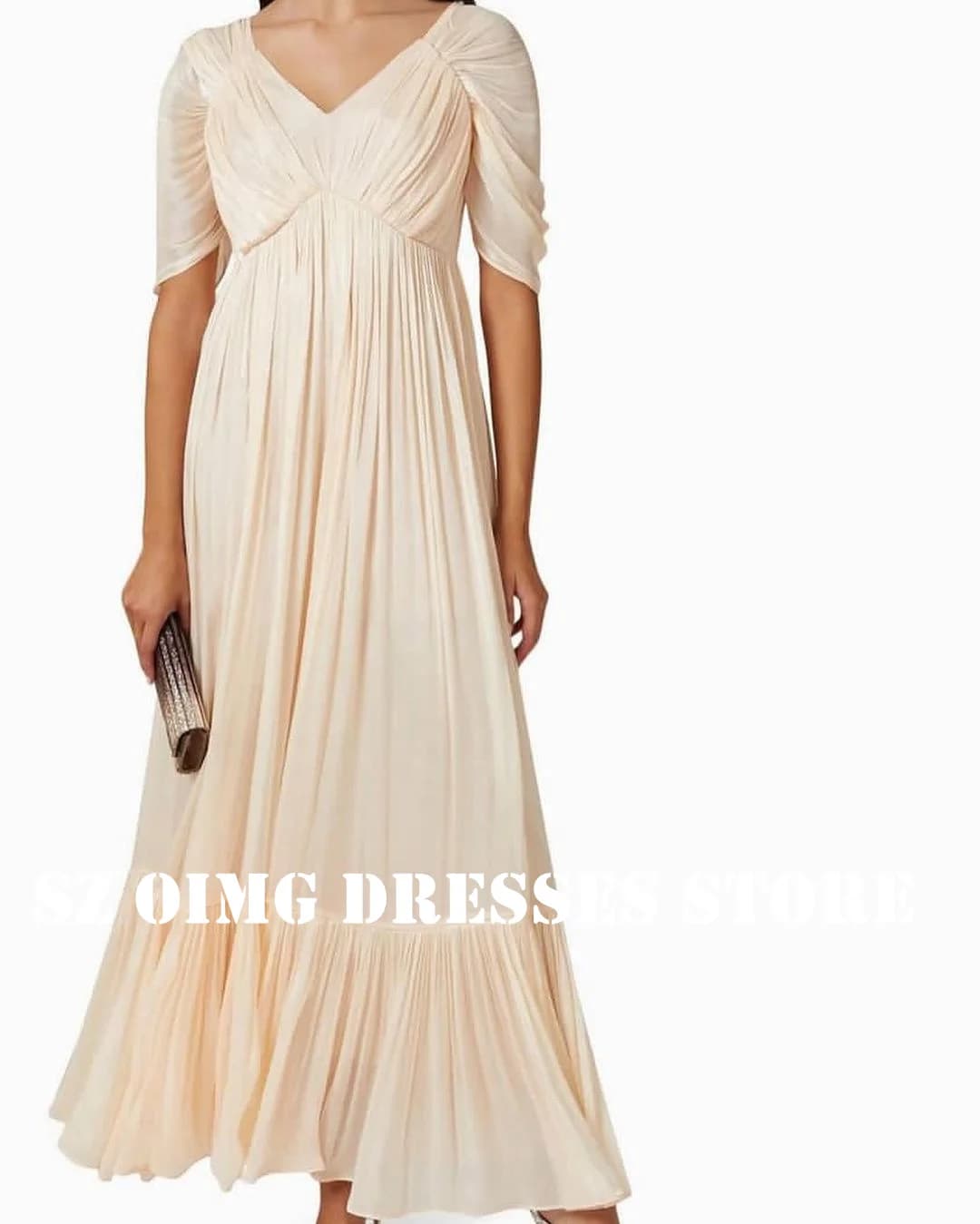 OIMG New Design Cape Sleeves V-Neck Chiffon Prom Dresses Saudi Arabic Women Champagne Pleated Evening Gowns Formal Party Dress