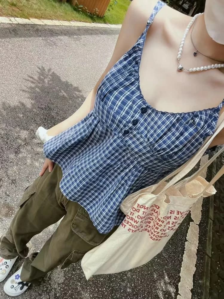 Casual Women Fashion Blue Front Buttons Plaid Printed Camis 2023 Summer Vintage Sleeveless Female Chic Tops