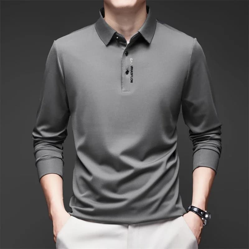 New Men's Business Casual Long Sleeved Shirt with Badge Solid Color Polo Shirt Fashionable Breathable Comfortable Versatile Top