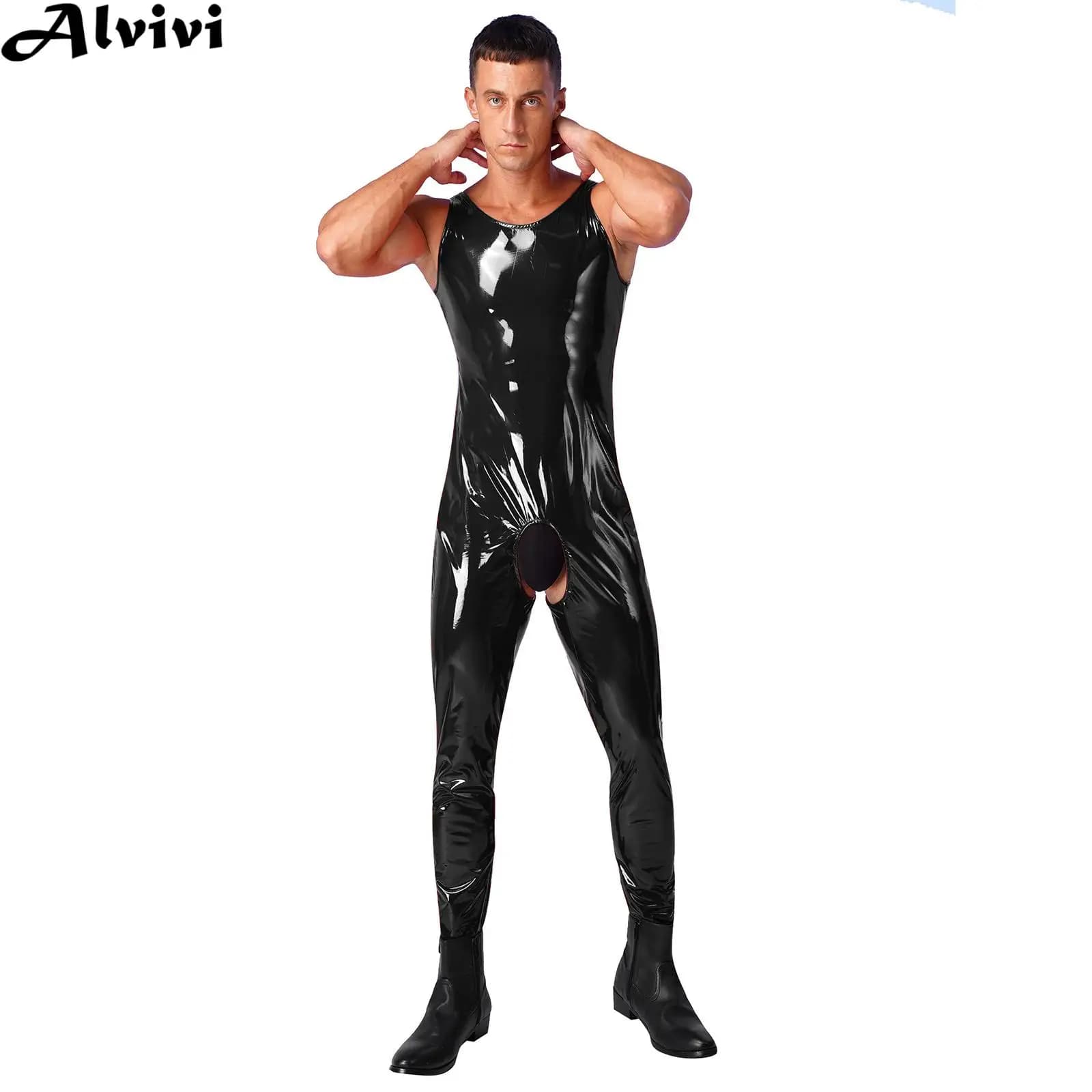 Men Sexy Crotchless Bodysuit Wet Look Patent Leather Jumpsuit for Rave Party Nightclub Pole Dancing Stage Performance Nightwear