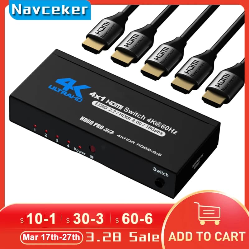 2023 Best 4K HDMI Switch 2.0 Support RGB 4:4:4 HDR HDMI Switch 4K 60Hz HDMI 2.0 Switch Remote IR UHD 4 Port HDMI Switch Switcher