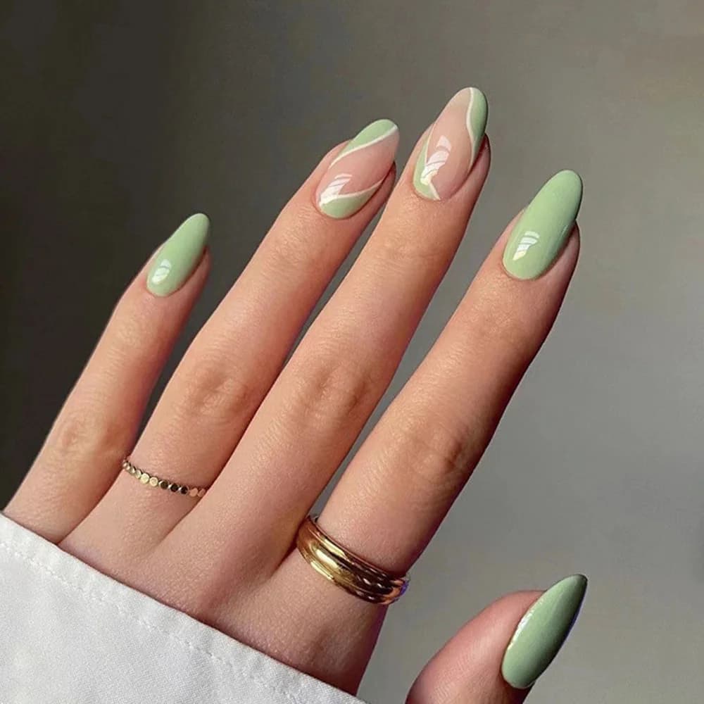 New Green Round Head Fake Nails With Designs Cute Short Oval Nails Set Press On Nails French Simple False Nail Tips DIY Manicure