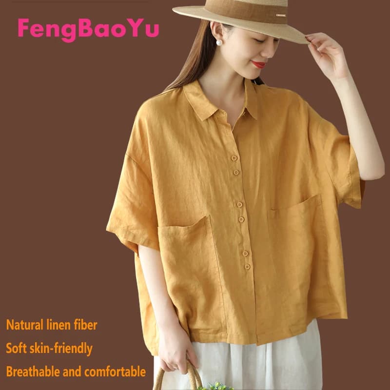High-end Linen Spring Summer Short Sleeve shirt for Women Youth College Style White Crisp Comfortable Top Loose Large Size 3XL