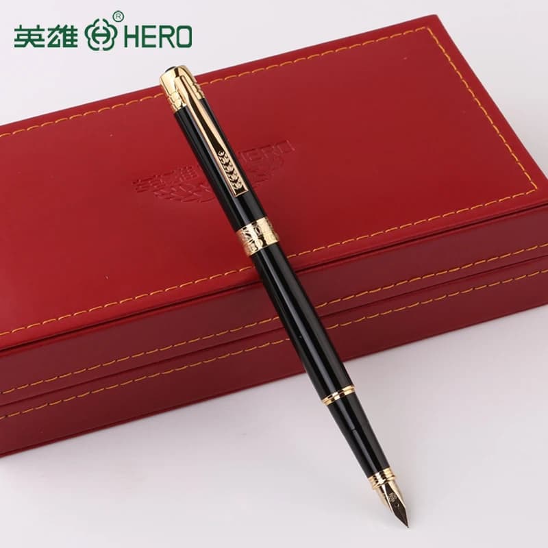 Hero 200C 14K Gold Fountain Pen Black With Golden Carved Clip Fine Nib 0.5mm Ink Pen W/Gift Box & Golden Nib Writing Pen
