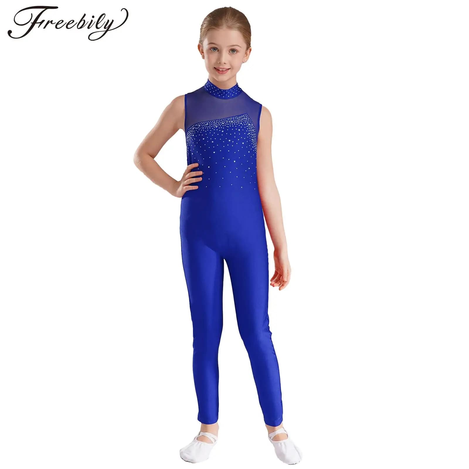 Kids Sleeveless Gymnastics Jumpsuit For Girls Ballet Leotards Bodysuit Children Rhinestone Skating Jumpsuits Unitard Turnpakje