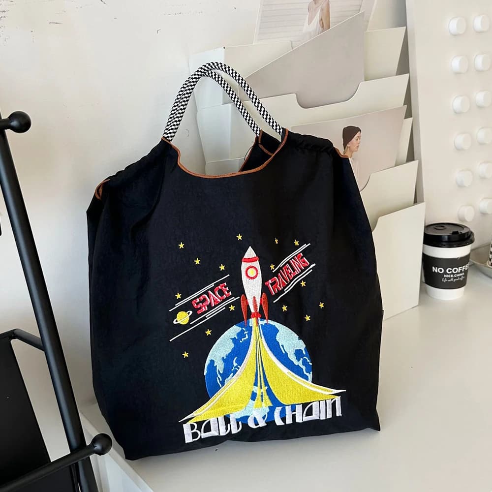 Rocket Embroidery Tote Bags for Women Earth Space Eco Bag Shoulder Bag Rope Handle Handbags Designer Chain Shopper Purses Hobo
