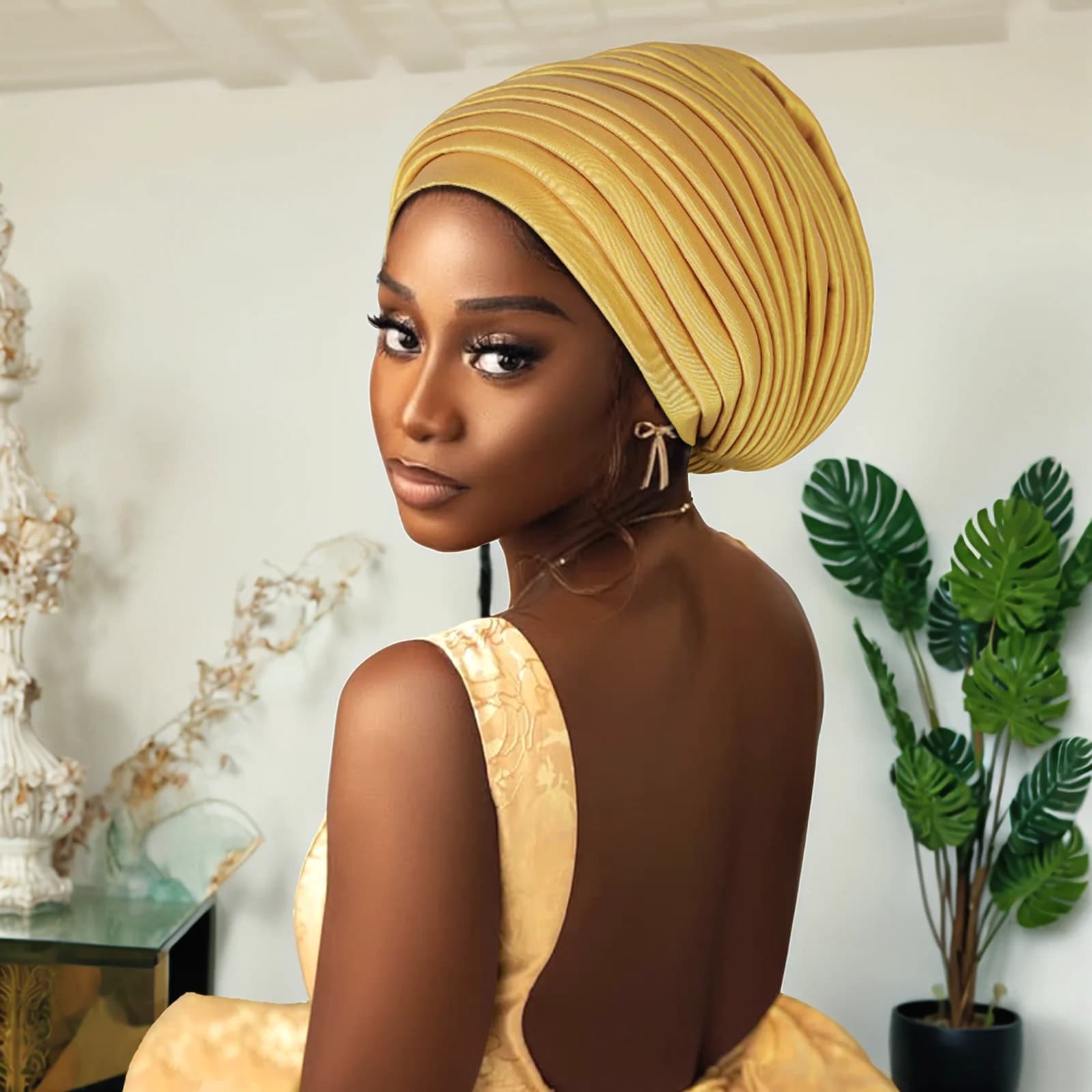 New Raw Silk Pleated Turban Cap for Women African Female Head Wraps Nigeria Lady Headwear Hat Wedding Headtie