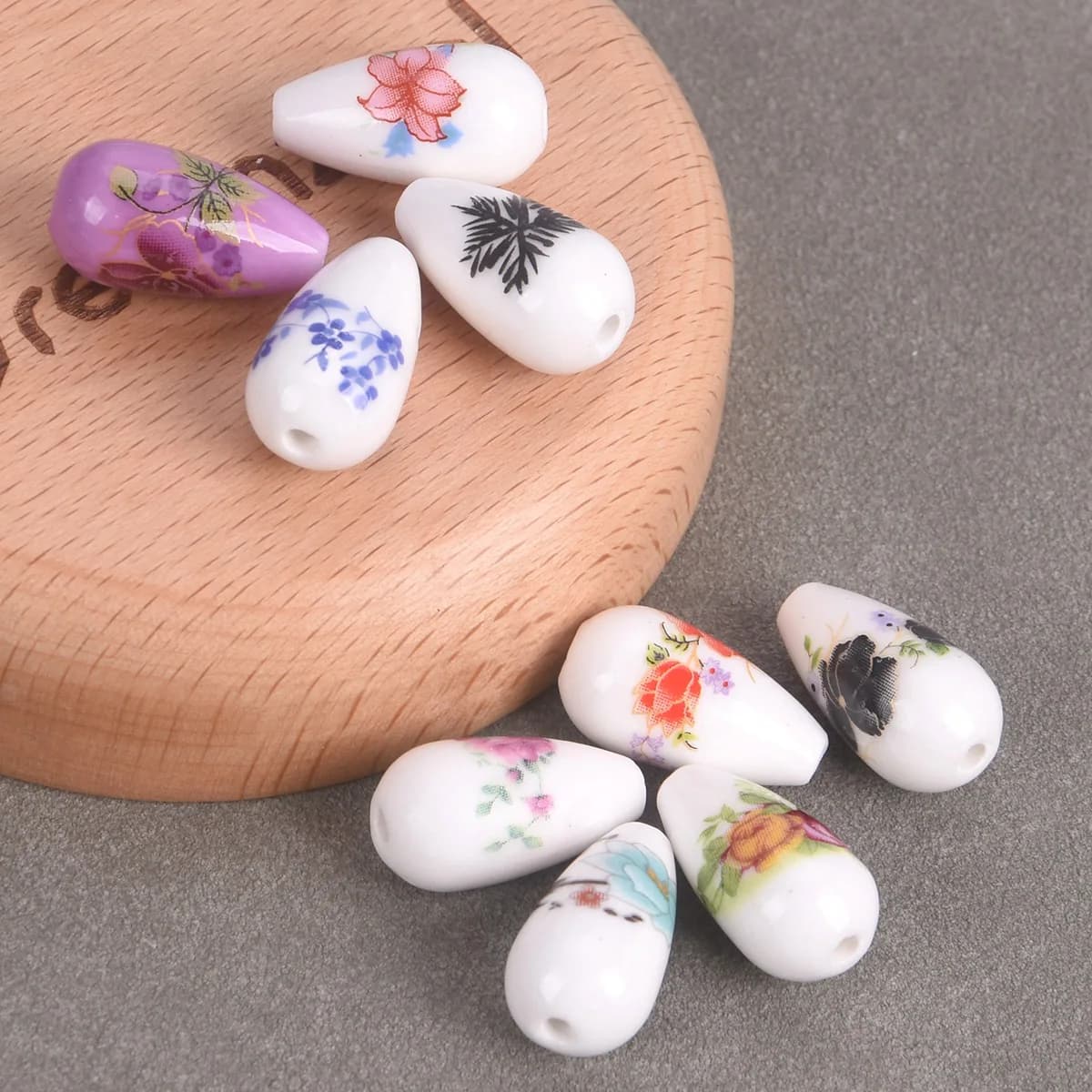 10PCS Teardrop Shape 20x10mm Flower Patterns Ceramic Porcelain Loose Crafts Beads For Jewelry Making DIY Bracelet Findings