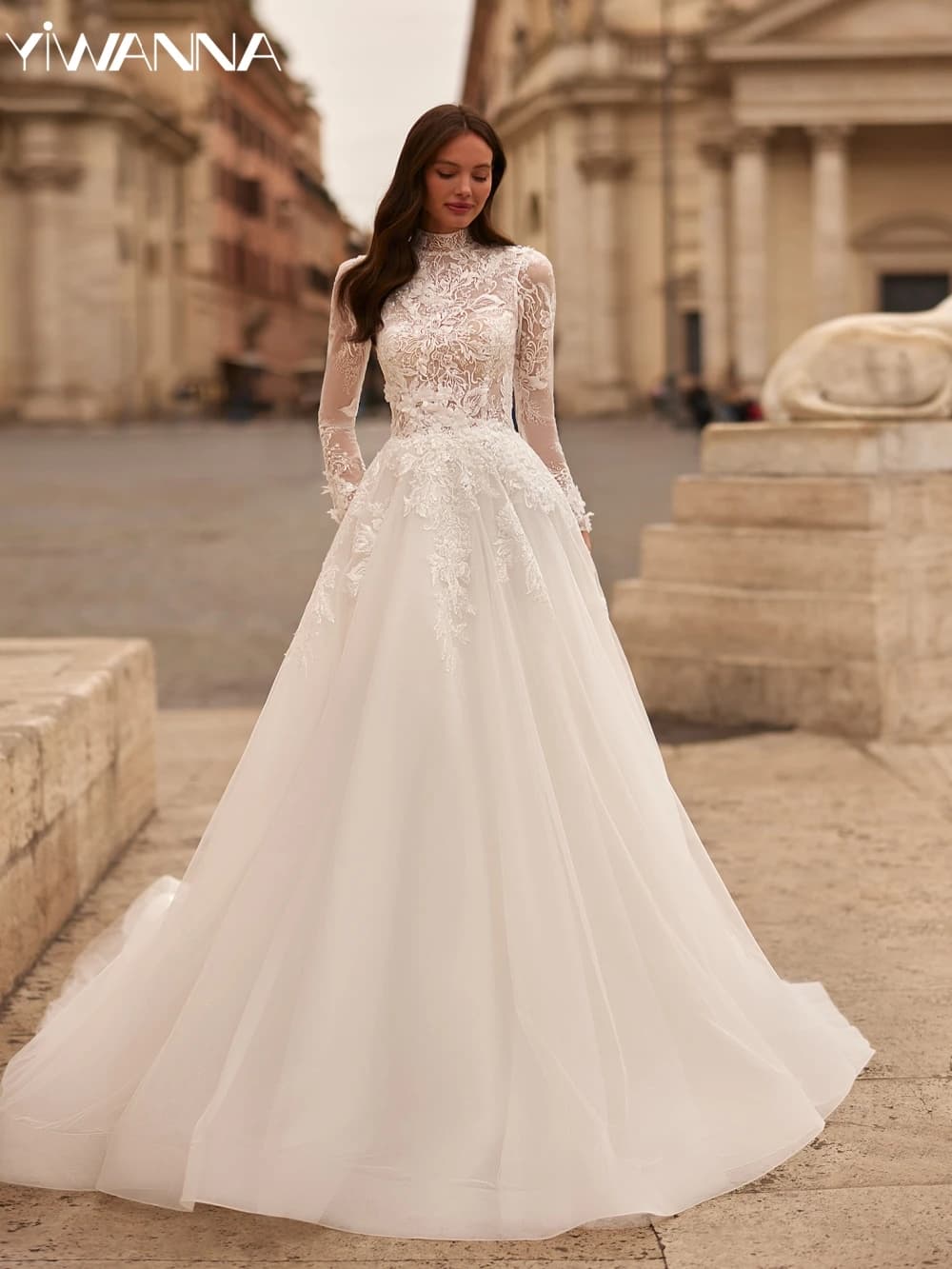 Glitter A-line Long Wedding Dress Modest High Collar Bride Robe Graceful Appliques Flower Bridal Gown Customized Robe De Mariée