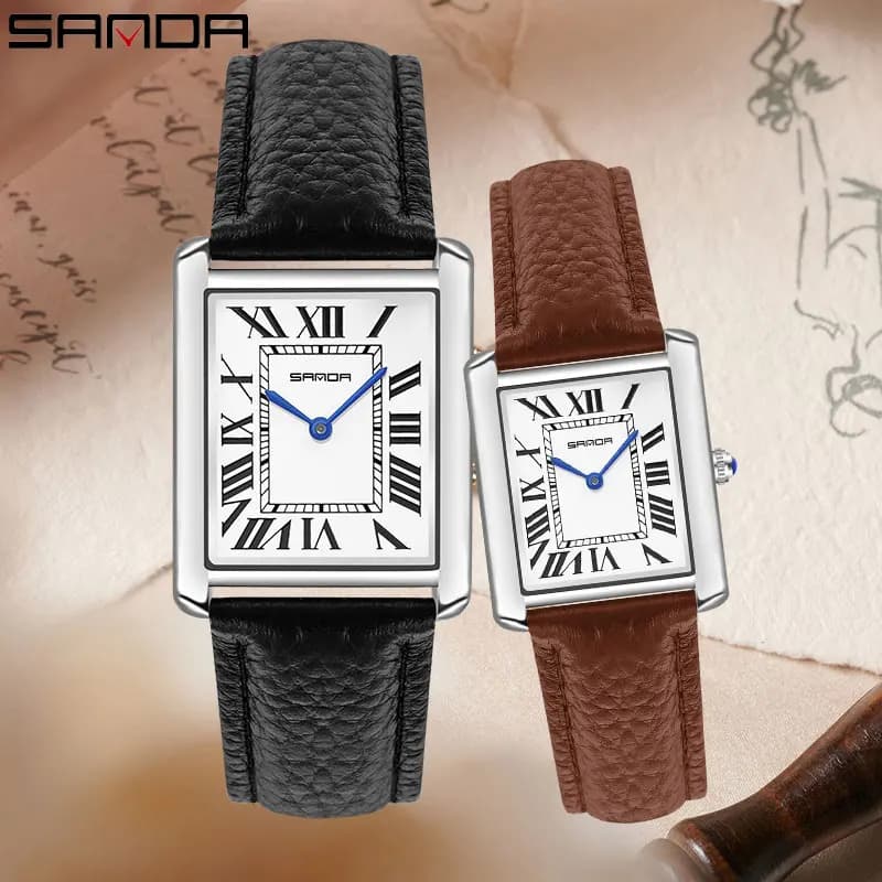SANDA New Quartz Watch Roman Numeral Stainless Steel Leather Watchband Brief Lovers Watch 30M Waterproof Hot Men's Women's Watch