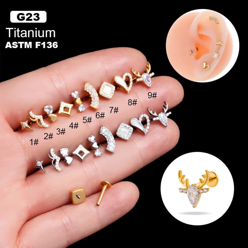1PC F136 Titanium Lip Stud Ring Piercing Jewelry G23 Titanium Flat Back Internally Threaded Heart Deer Labret Cartilage Earrings