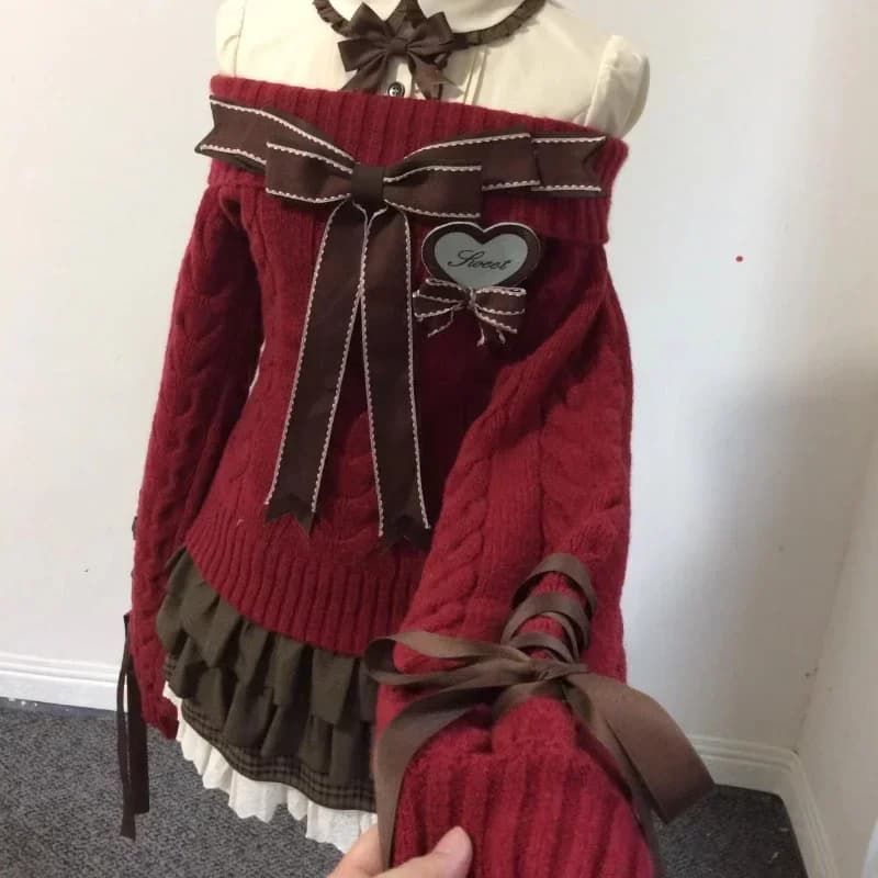Chirstmas Knitted Vintage 2 Piece Sets Women Off Shoulder Red Pullover Y2k Vintage Clothing Female Autumn Winter Casual Chic Set