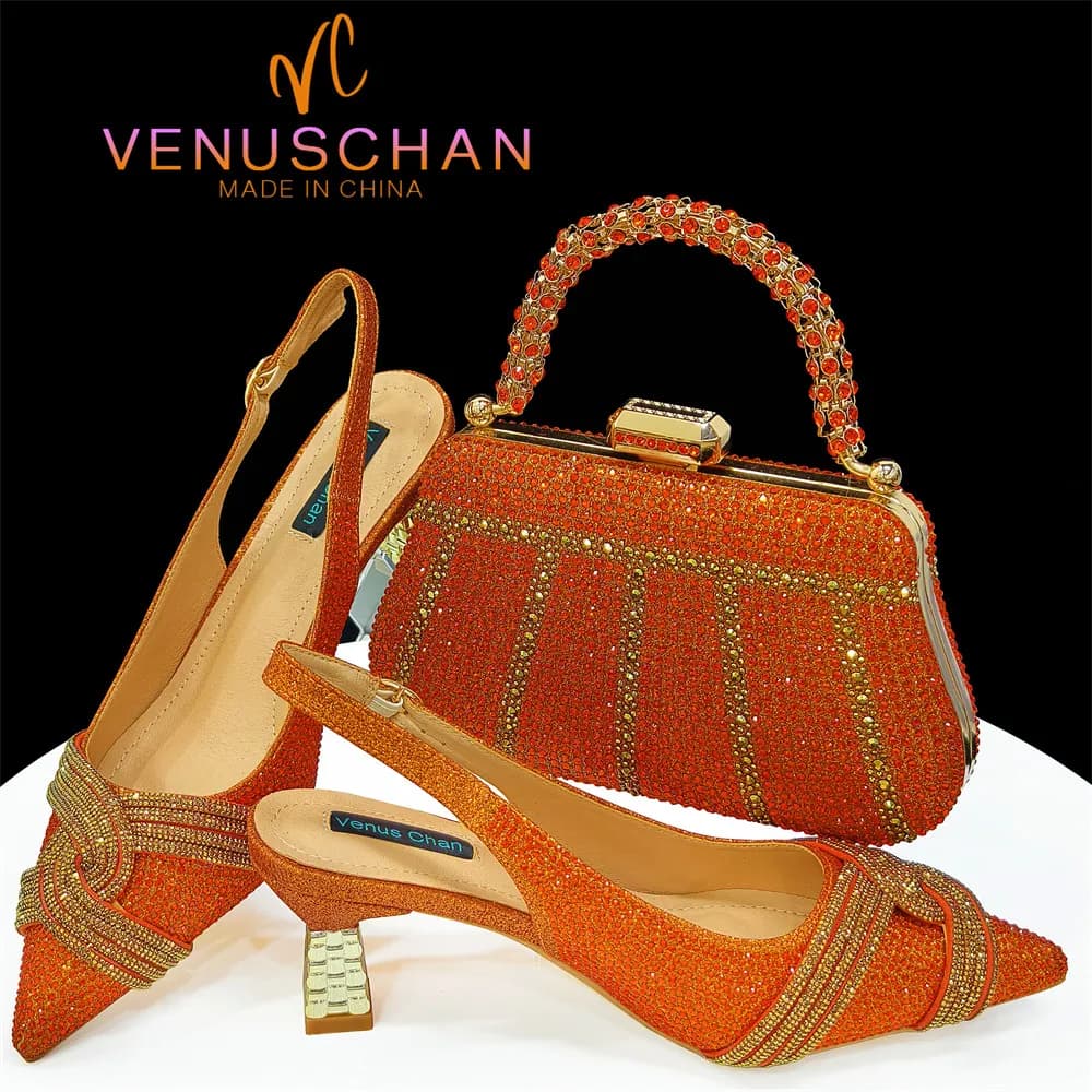 Venus Chan 2024 Special Design High Quality Orange Color African Women Shoes and Bag Set with Shinning Crystal for Wedding Party