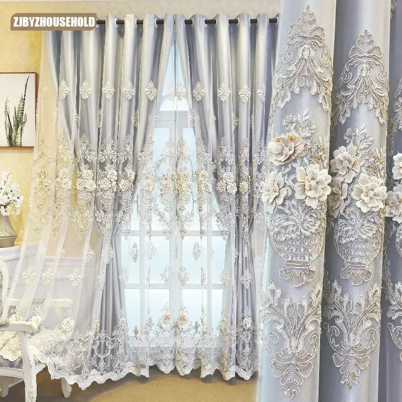 European Luxury Embroidered Double-Layer Blackout Curtains for Living Room Bedroom Embroidered Sheer Tulle Window Customize