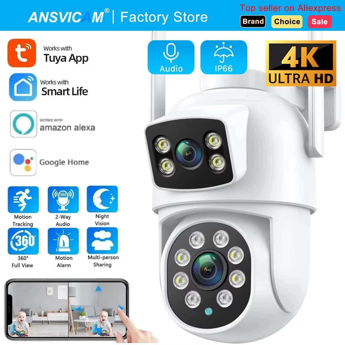 8MP Dual Lens Tuya Wifi Camera PTZ Outdoor 4K Wireless Dual Screen Security Camera Auto Tracking Monitoring ONVIF Alexa Support