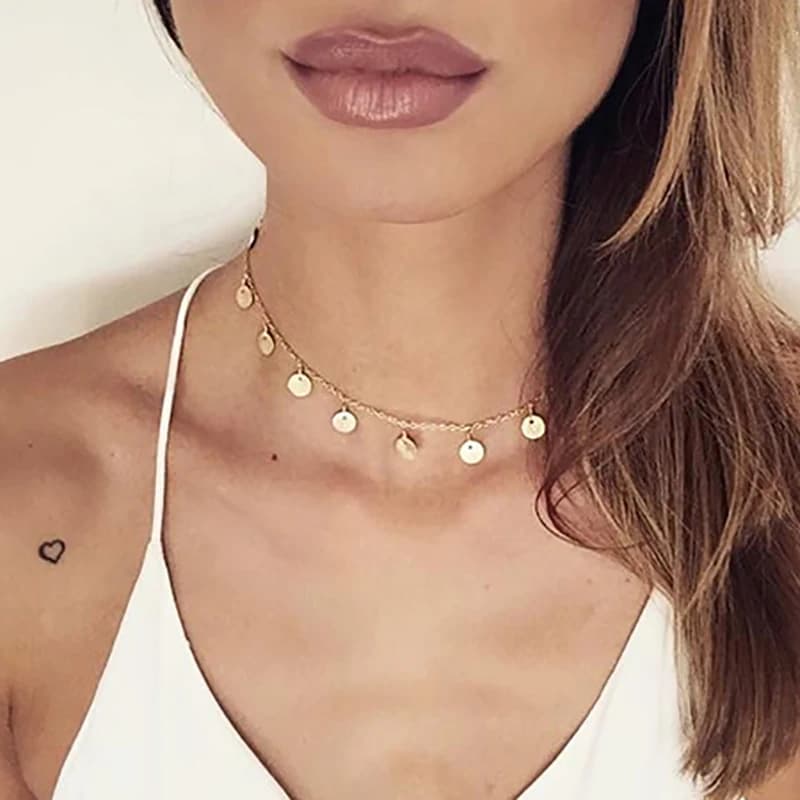 New Gold Color Sequins Coins Pendant Necklace for Women Bohemian Choker Necklaces Ladies Neck Short Chain Collares Jewelry Gifts