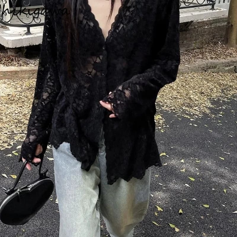 Long Sleeve Lace Blouses Women Clothing 2025 Blusas Mujer De Moda Hollow Out Sexy Tops See Through Fashion Summer White Shirts