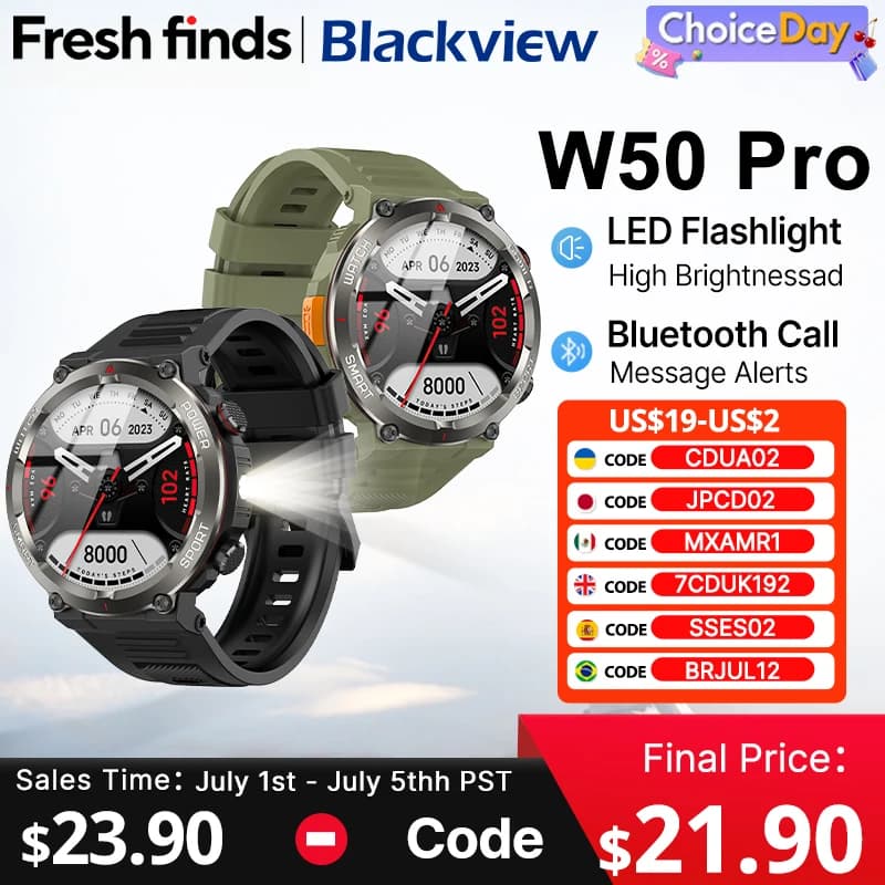 [World Premiere] Blackview W50 Pro Smartwatch 1.45" HD Display Flashlight Bluetooth Phone Call 960mAh Battery Rugged Smartwatch