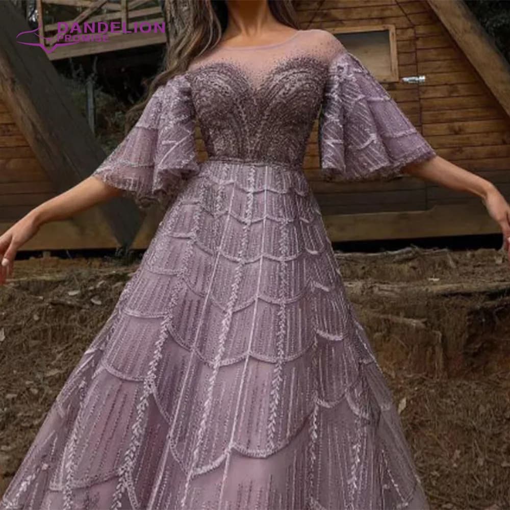 Elegant Crystal Handmade Evening Night Dresses for Women 2022 Trumpet Sleeve Aline O Neck Lace Formal Prom Wedding Party Gowns
