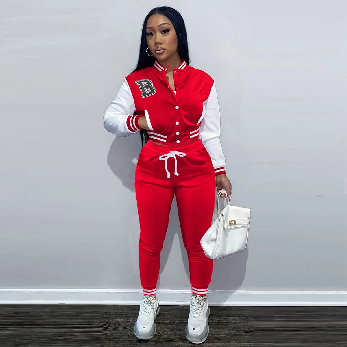 Stay Sporty in Style: Women's Letter B Baseball Tracksuit Single Breasted Jacket and Sweatpants Set for a Perfect Matched Outfit