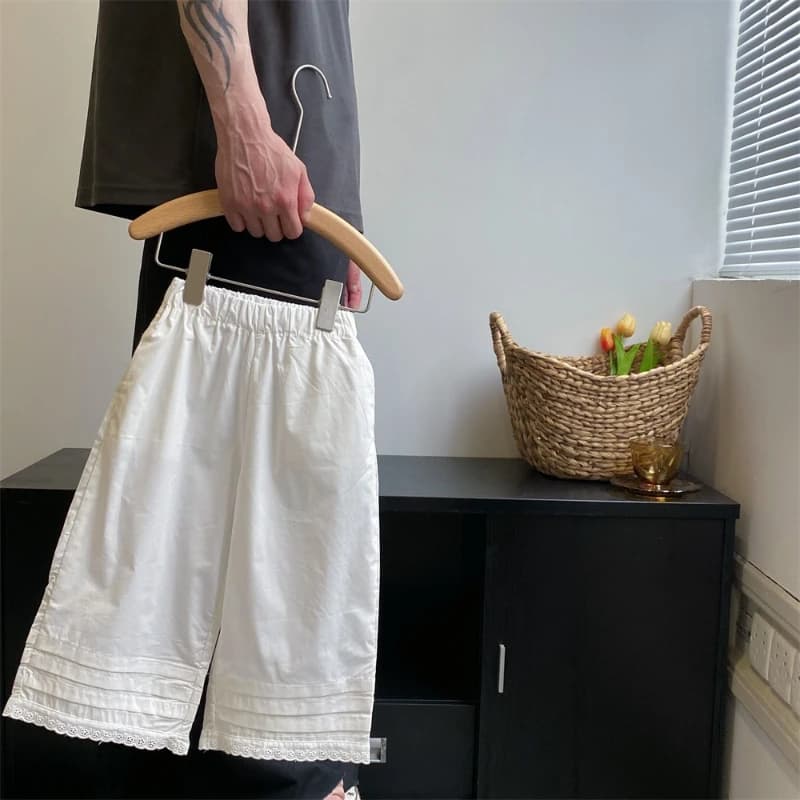 Pants Girl 2024 Summer New Nine Points Wide Leg Korean Style Straight White Lace Comfortable Cotton Active