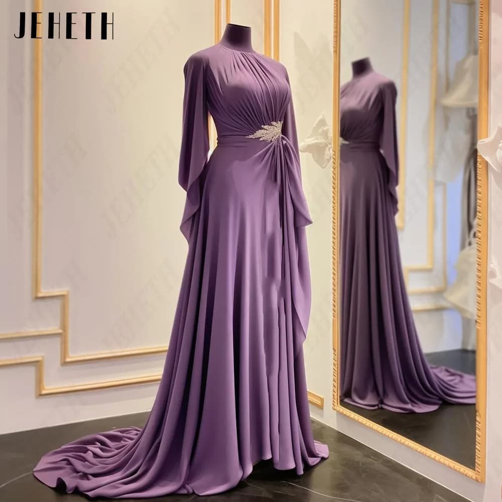 JEHETH Purple O-Neck Prom Party Gowns Flare Sleeves Chiffon A-Line With Crystal Evening Dress Sweep Train vestidos de gala
