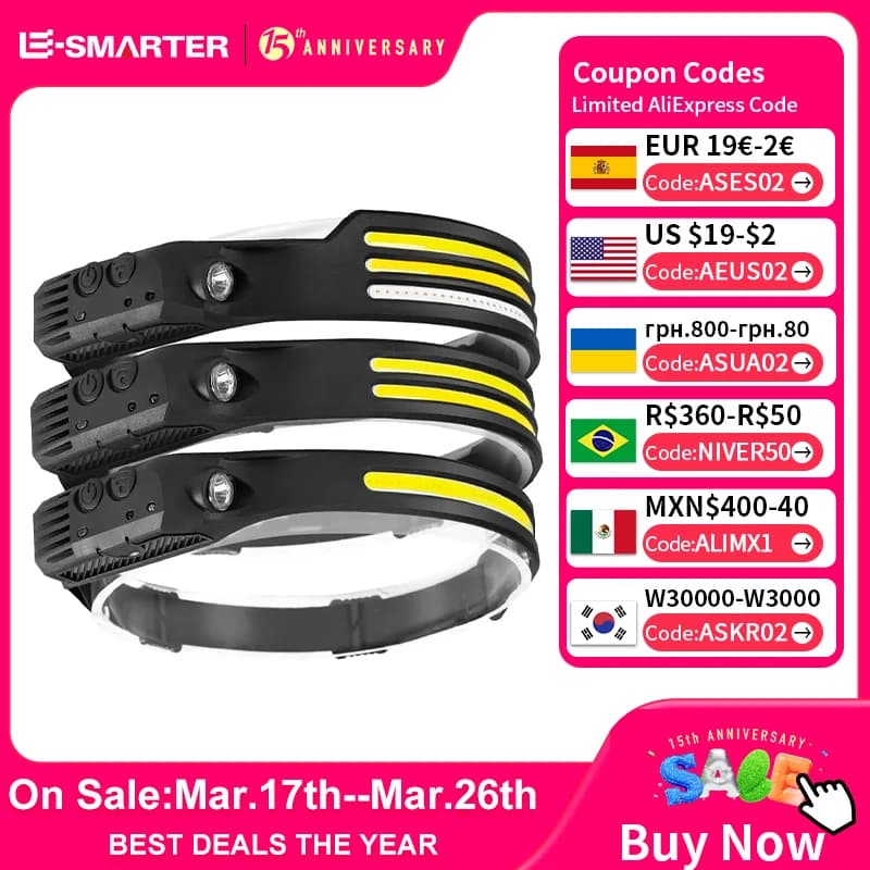 USB Rechargeable Head Torch Induction Headlamp COB LED Sensor Head Lamp Built-in Battery Flashlight 5 Lighting Modes Headlight