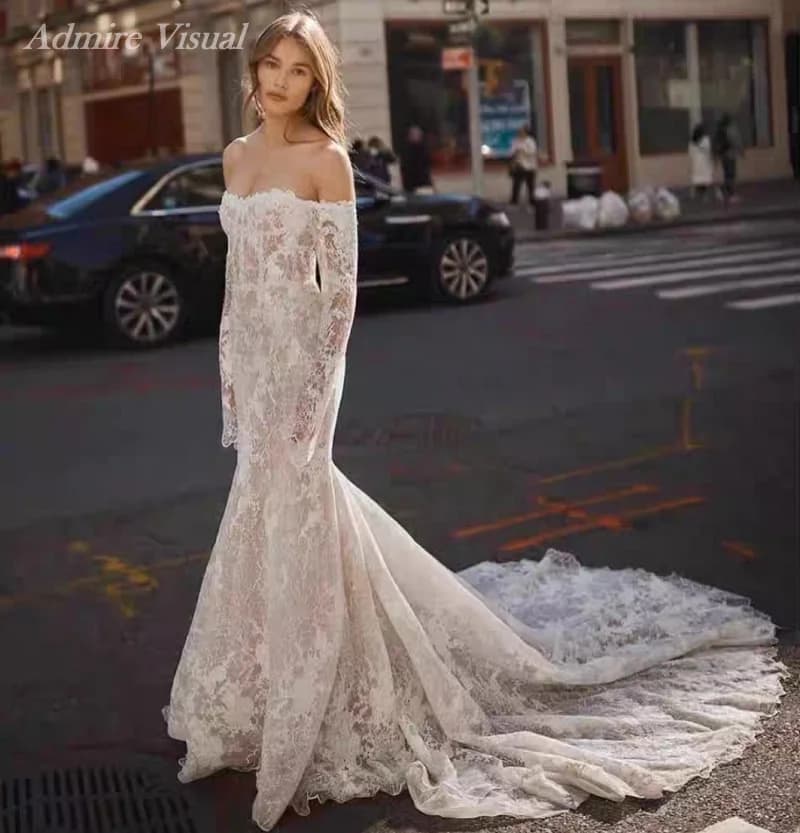 Newest Wedding Dresses Lace Mermaid Long Sleeves Off The Shoulder With Illusive Back Customized Bride Gowns Vestidos De Novia