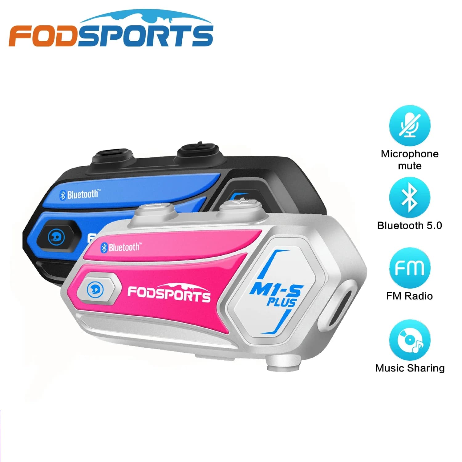 2Pcs Fodsports M1-S Plus Motorcycle Helmet Intercom Bluetooth Headset 8 Riders Moto Interphone,Music Sharing,FM Radio
