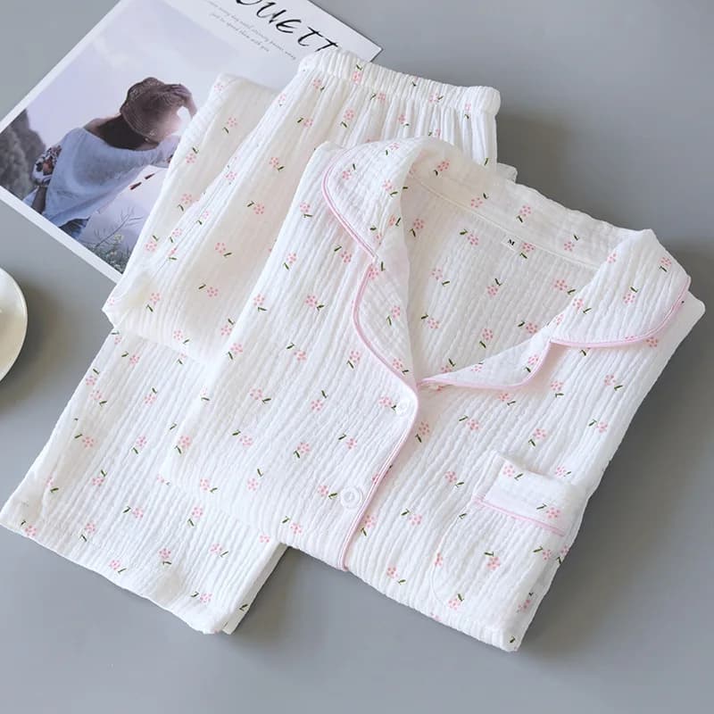 spring And Fall Full Sleeve Homewear Loose 2pcs Pajama Set 100% Gauze Cotton Casual Print Sleeping Shirt Home Wear Female XL