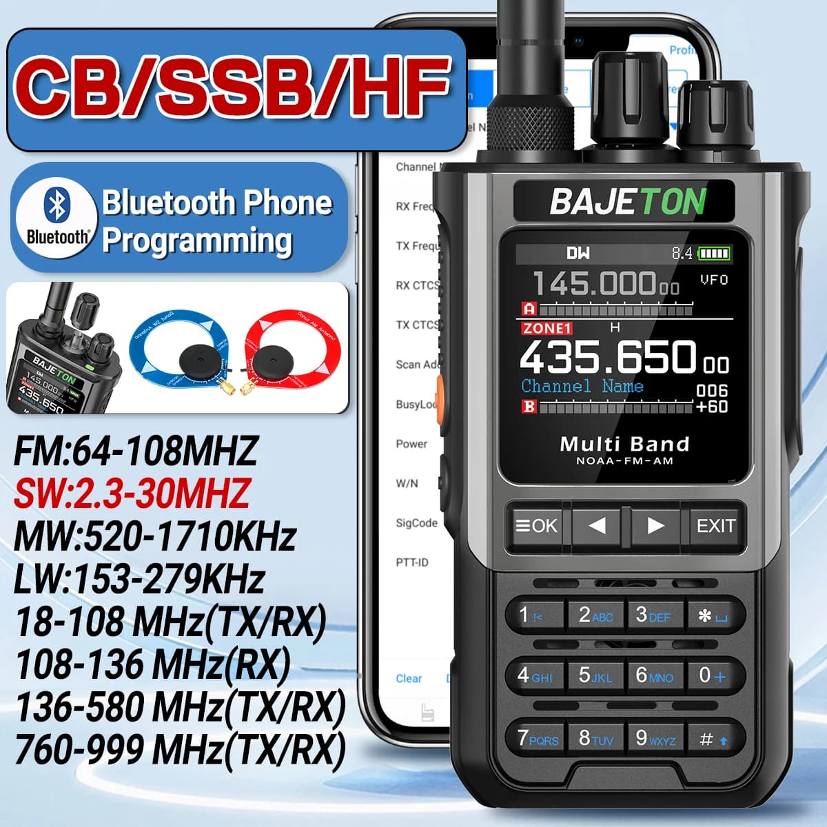 BAJETON BJ-8300 Walkie Talkie SW MW LW AM SSB CB Receive Wireless Bluetooth Phone Programming Station NOAA Police Two Way Radio