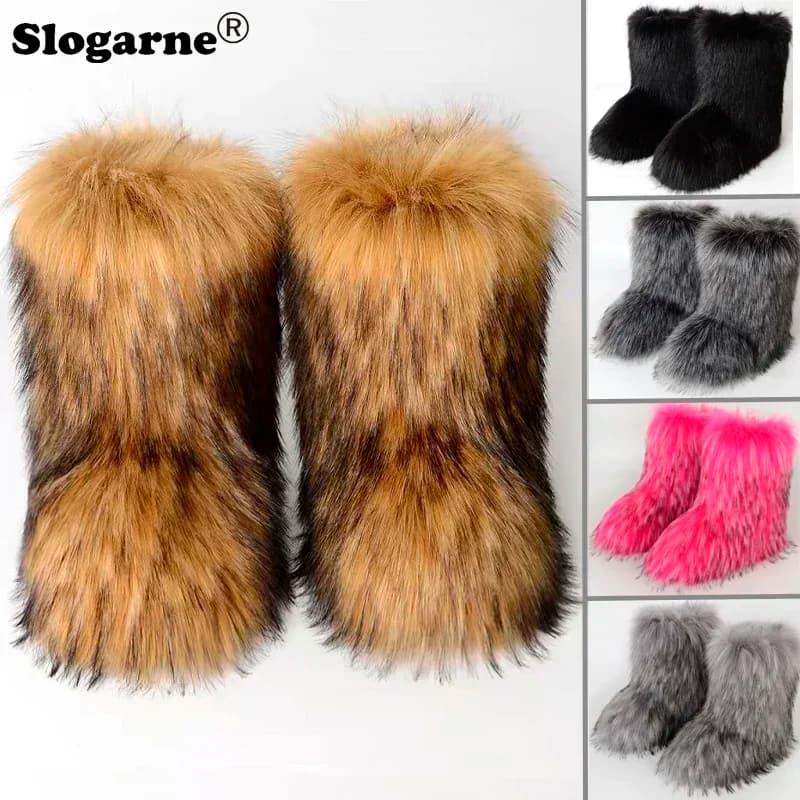 Women's Winter Fluffy Faux Fox Fur Boots Woman Plush Warm Snow Boots Luxury Footwear Girls' Furry Fur Bottes Fashion Winter Shoe
