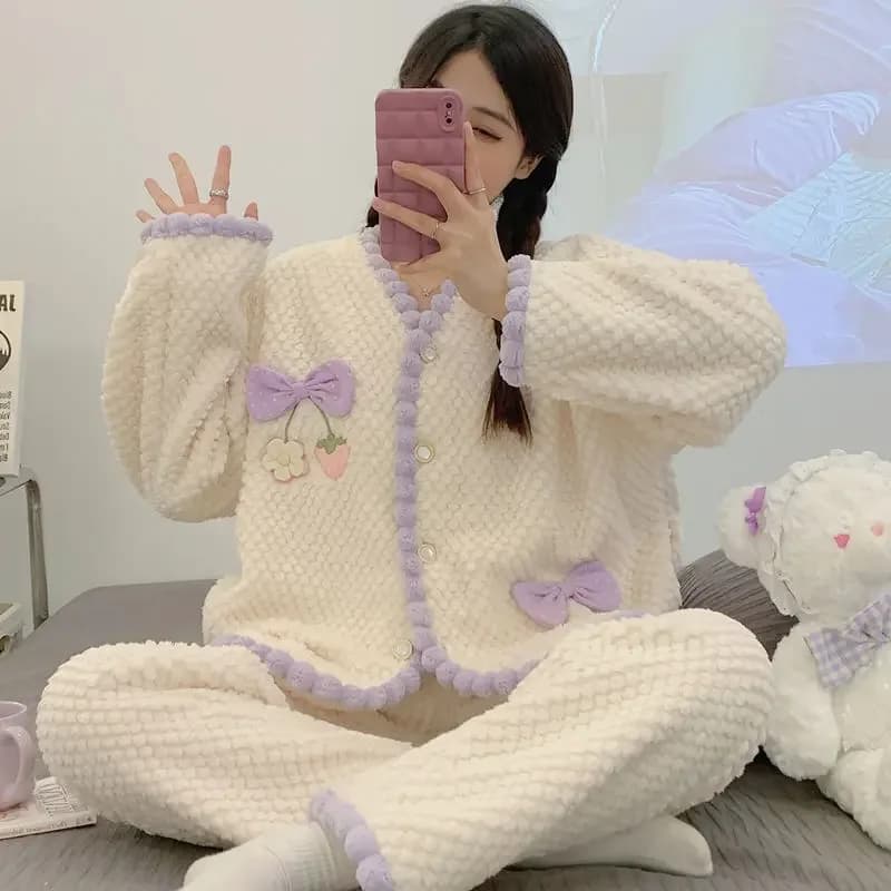 Sleepwear Women's Clothing Winter Thick Cardigan Japan Home Soft Cozy Cool Temperament Skinny Affordable Fashionable Warm Sweet