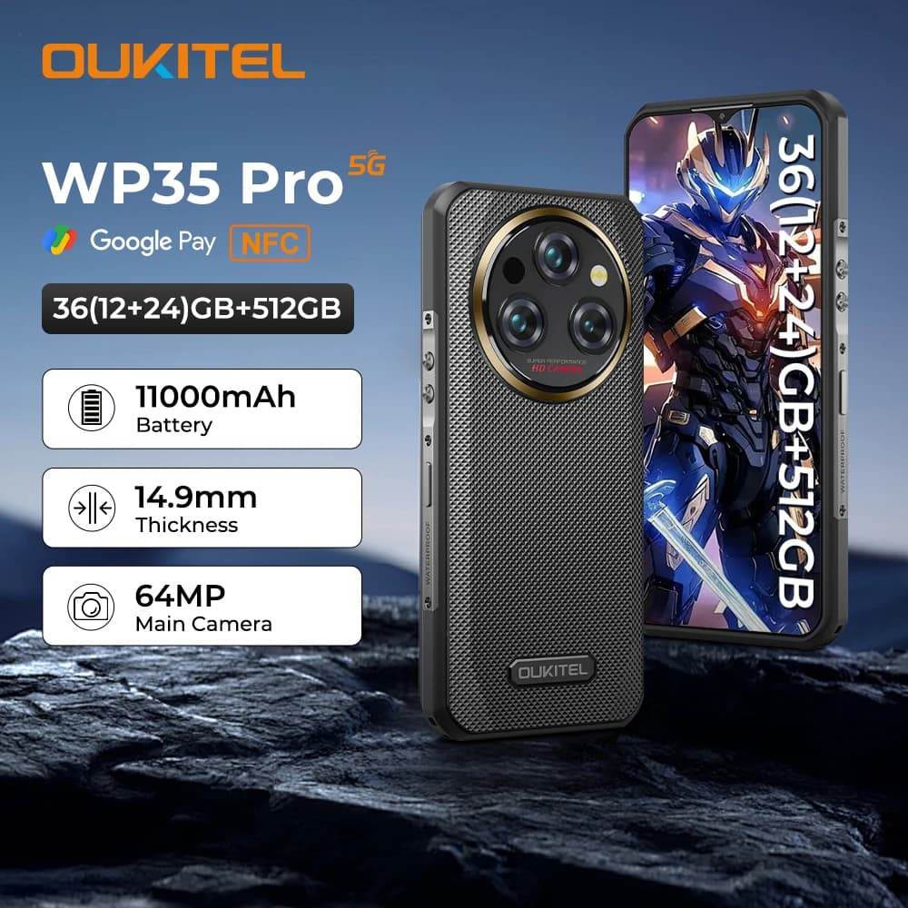Oukitel WP35 PRO Rugged Smartphone, 5G, 11000mAh, 36GB + 512GB, Andiron 14, 64 MP, NFC Cell Phone