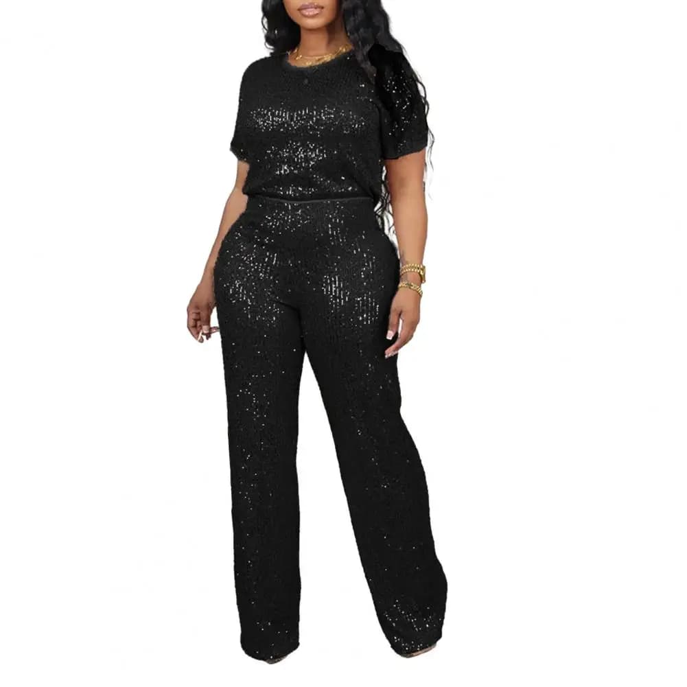 Women Suit Sequin Shiny Women's Top Pants Set with Round Neck Short Sleeves High Elastic Waist Wide Leg Straight Trousers 2