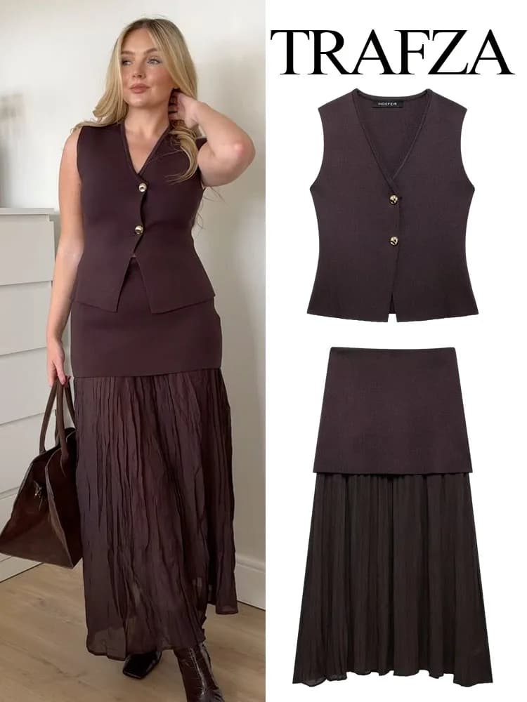 TRAFZA Women 2 Piece Suit Casual Fashion Knitted V-Neck Sleeveless Vest Woman Elegant Loose High Waist Hem Folds Skirts Set