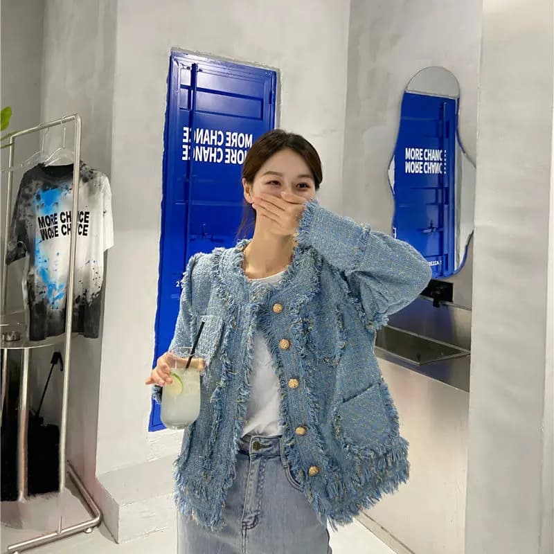 Jacket High Quality Tassel Button Design Chic Korean Light Luxury Women'S Autumn And Winter Jacket Women'S Blue Jacket