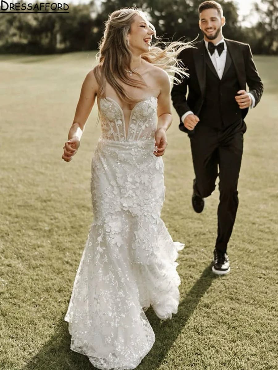 New Mermaid Wedding Dresses for Bride V-Neck Sleeveless Appliques Beadings Court Train Robe De Soiree De Mariage