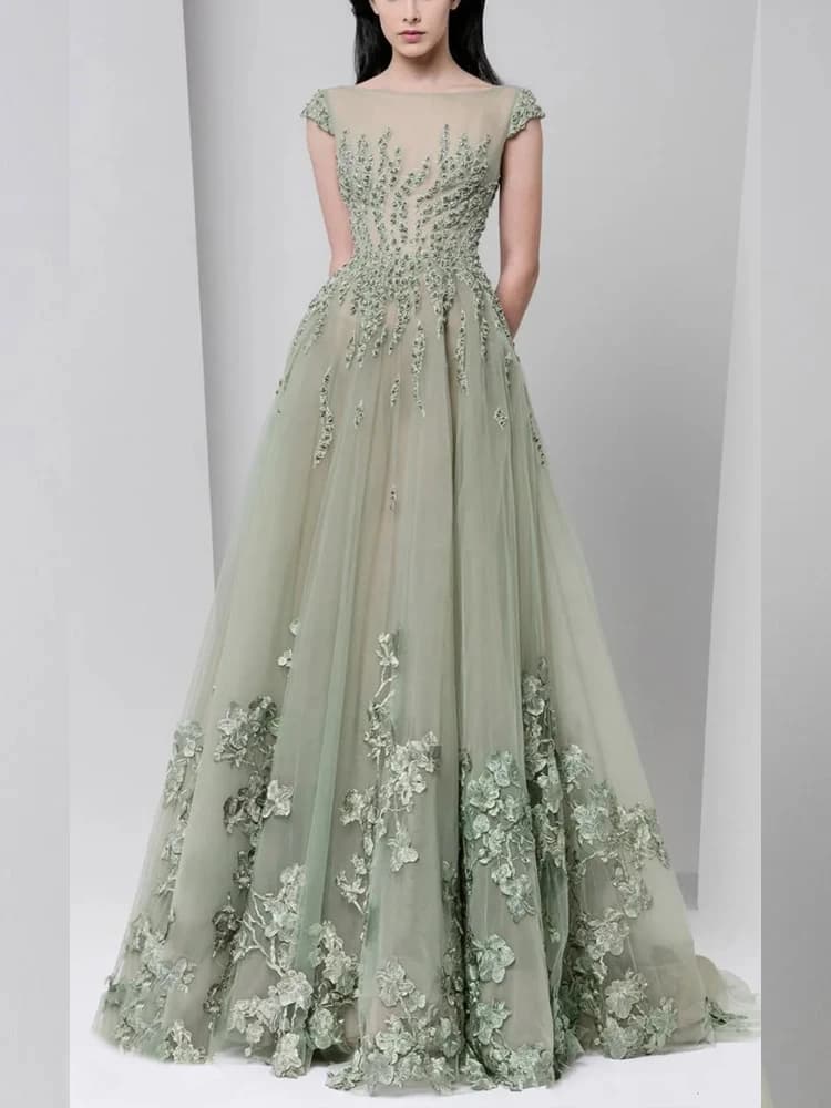 2025 Spring Evening Dresses Sheer Boat Neck Applique Beads Cap Sleeves Prom Gowns Floor Length Tulle Formal Party Dress