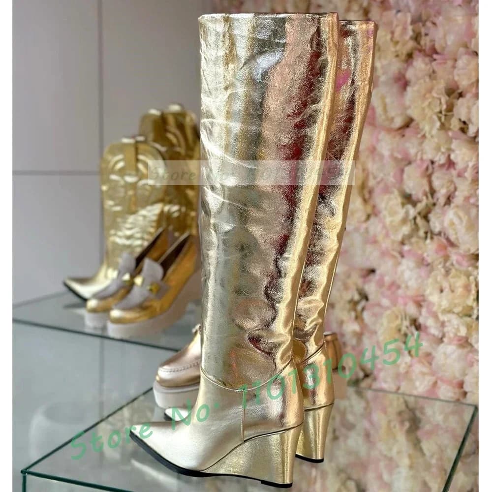 Metallic Wedges Long Boots Women Glossy Pointy Toe Gold White High Top Boots Ladies High Heels Winter Streetwear Dress Shoes