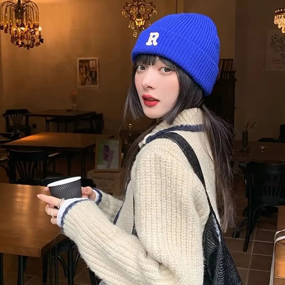 Fashion Letter Embroidery Fleece Warm Knitted Hat Woolen Yarn Soft Knitted Hat Winter Warm Crochet Hats Women Girls Maiden