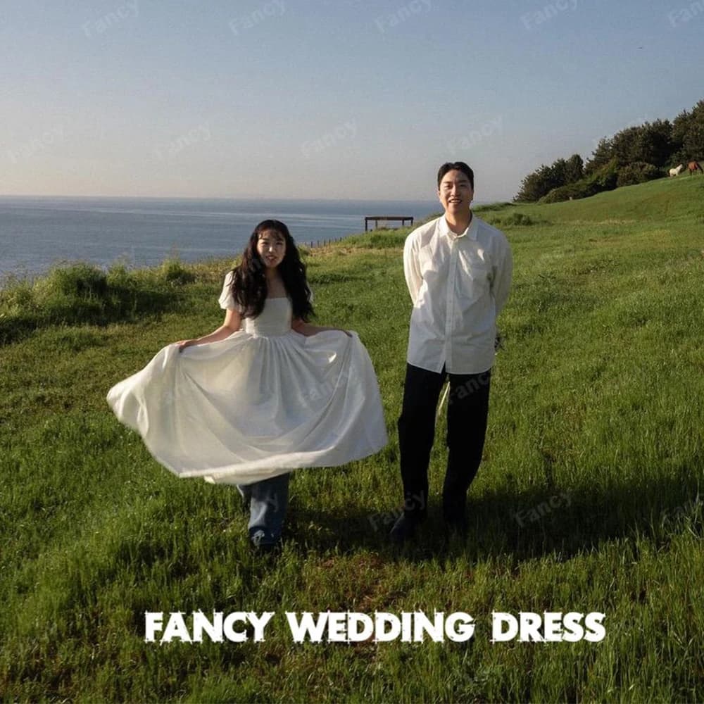 Fancy Simple O Neck Taffeta Wedding Dress Korea Garden Photo Shoot A Line Sleeveless Floor Length 웨딩드레스 Back Zip customized