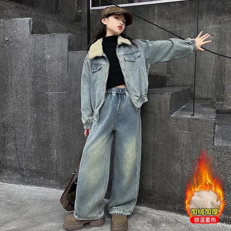 Girls Winter Korean Denim Set 2024 New Thick and Fleece Cold Warm Denim Set Coat and Pants Two-piece Set Clothes Fashion