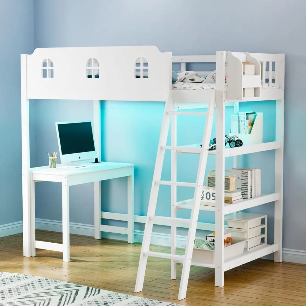 Loft Bed with Desk and Outlets,Loft Bed Twin Size with Led Light,Castle Guardrail and Window,Loft Bunk Bed with Bookcase,(White)